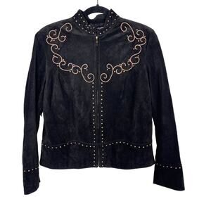 Scully Womens M Black Bronze Studded Cross Suede Leather Jacket Western Country